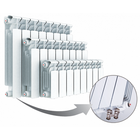 Радиатор биметаллический Base Ventil 500 4 секции Qну=788 Вт с т/клапаном М30х1,5 ниж/п прав RAL 9016 (белый) RIFAR BVR 500-4 . в Тюмени