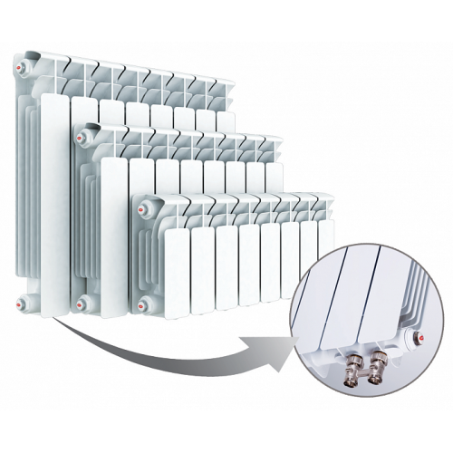 Радиатор биметаллический Base Ventil 500 4 секции Qну=788 Вт с т/клапаном М30х1,5 ниж/п прав RAL 9016 (белый) RIFAR BVR 500-4 .